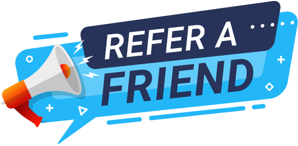 Colorful graphic with megaphone and "Refer a Friend"
