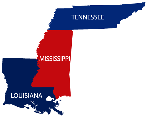 Map showing Mississippi, Louisiana, and Tennessee
